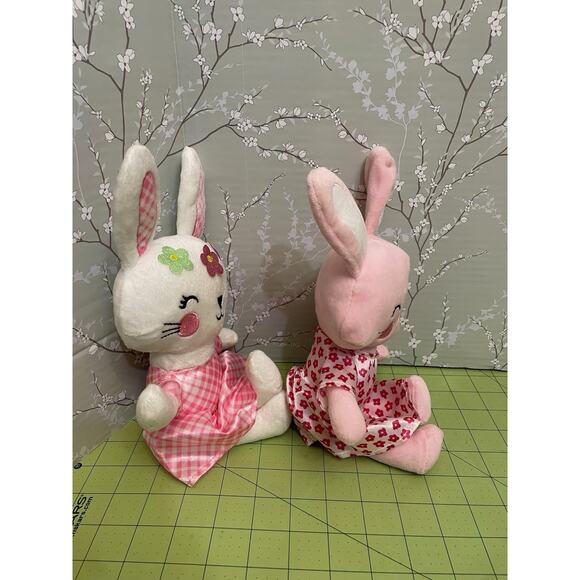 Happy Go Fluffy White & Pink Easter Bunny Rabbit Plush Stuffed Satin 11” Set Lot - Picture 3 of 9
